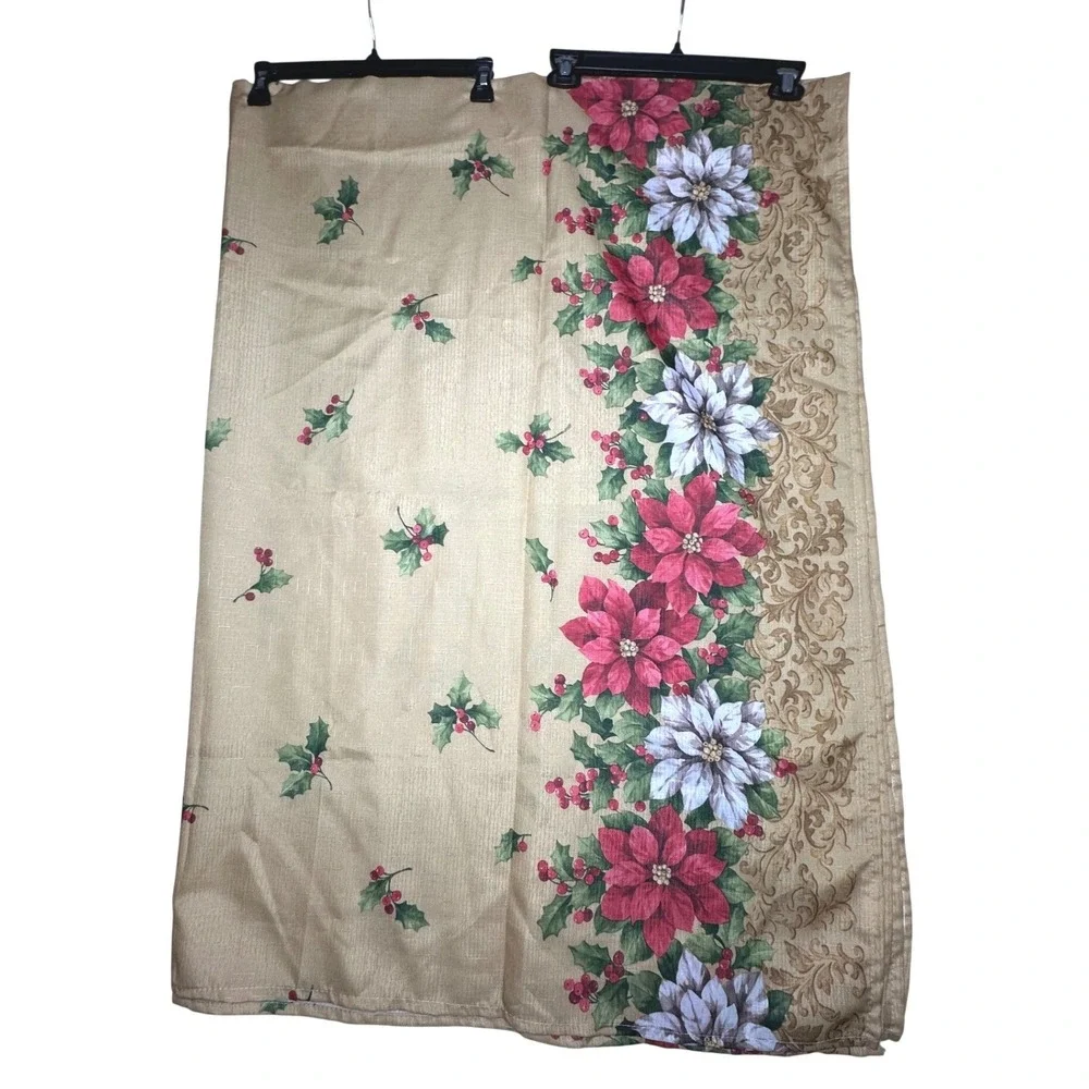 Christmas Poinsettia Floral Tablecloth Gold Red White 60x84 Holiday Rectangular